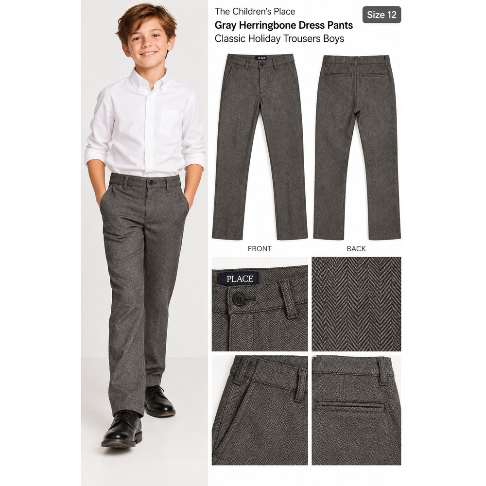 The Children's Place Gray Herringbone Dress Pants Classic Holiday Trousers Boys